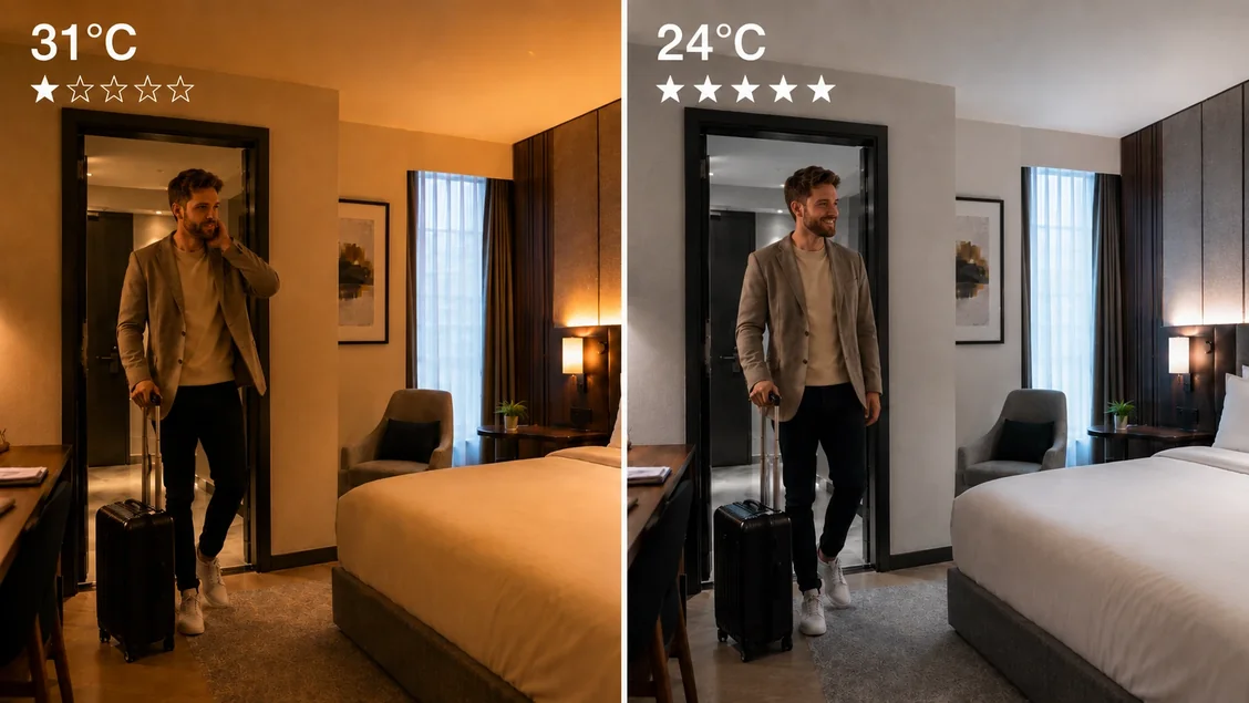Ein Gast betritt ein Zimmer mit 31 Grad und bewertet das Hotel mit einem Stern; rechts dasselbe Zimmer auf 24 Grad vorklimatisiert und eine Bewertung mit fünf Sternen